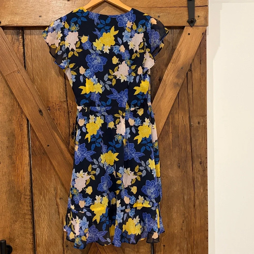 Banana Republic Size 2 Faux Wrap Floral Dress in Blue and Yellow